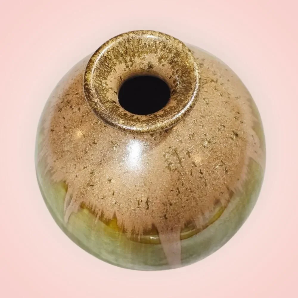 Pottery Bud Vase Green Tan Drip‎ Glaze 5